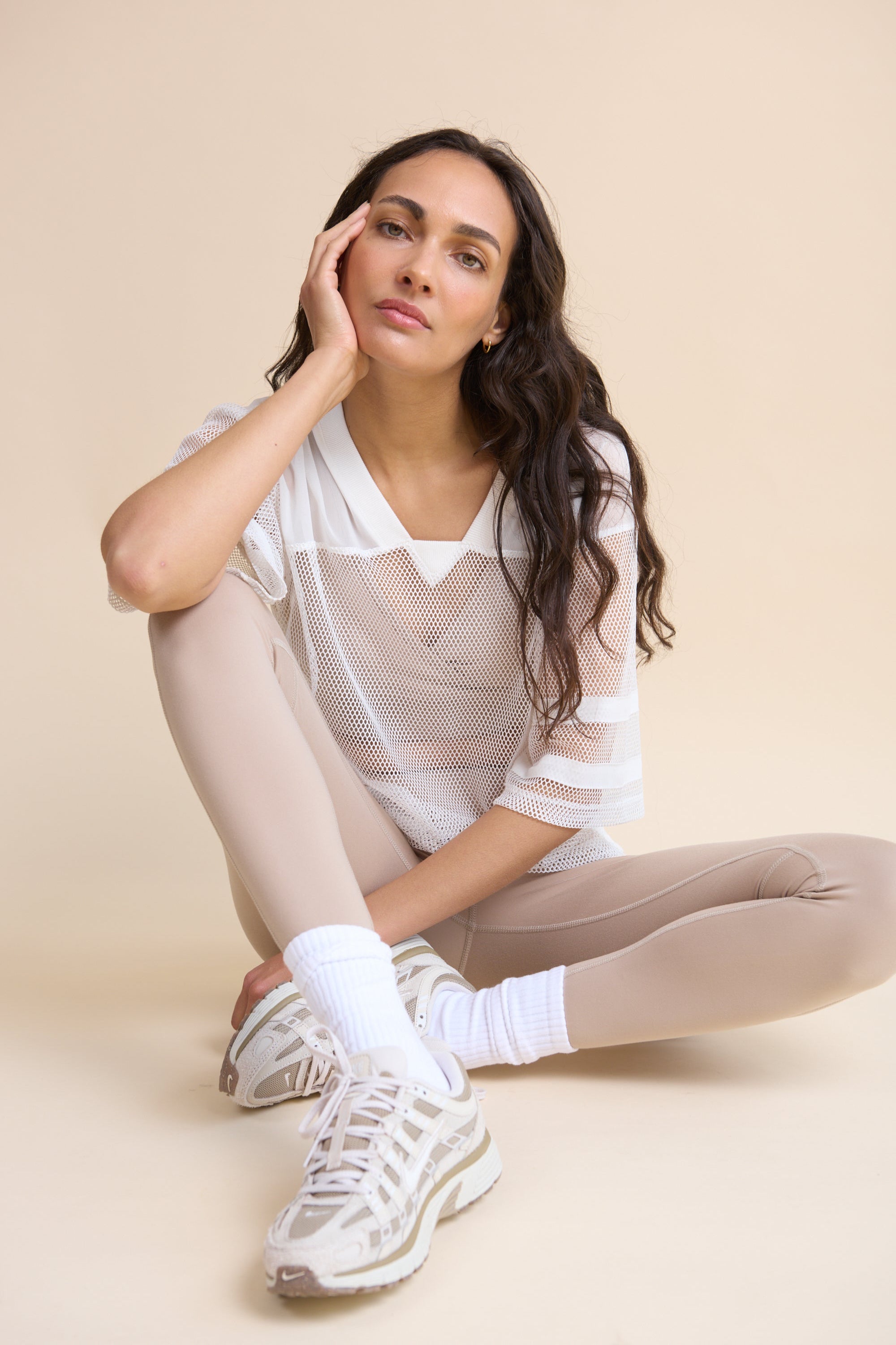 HRMN8 Women's beige Sculpt Leggings and Slip Wrap bra set, full-length, buttery-soft with contour seams, medium support for workouts or athleisure.