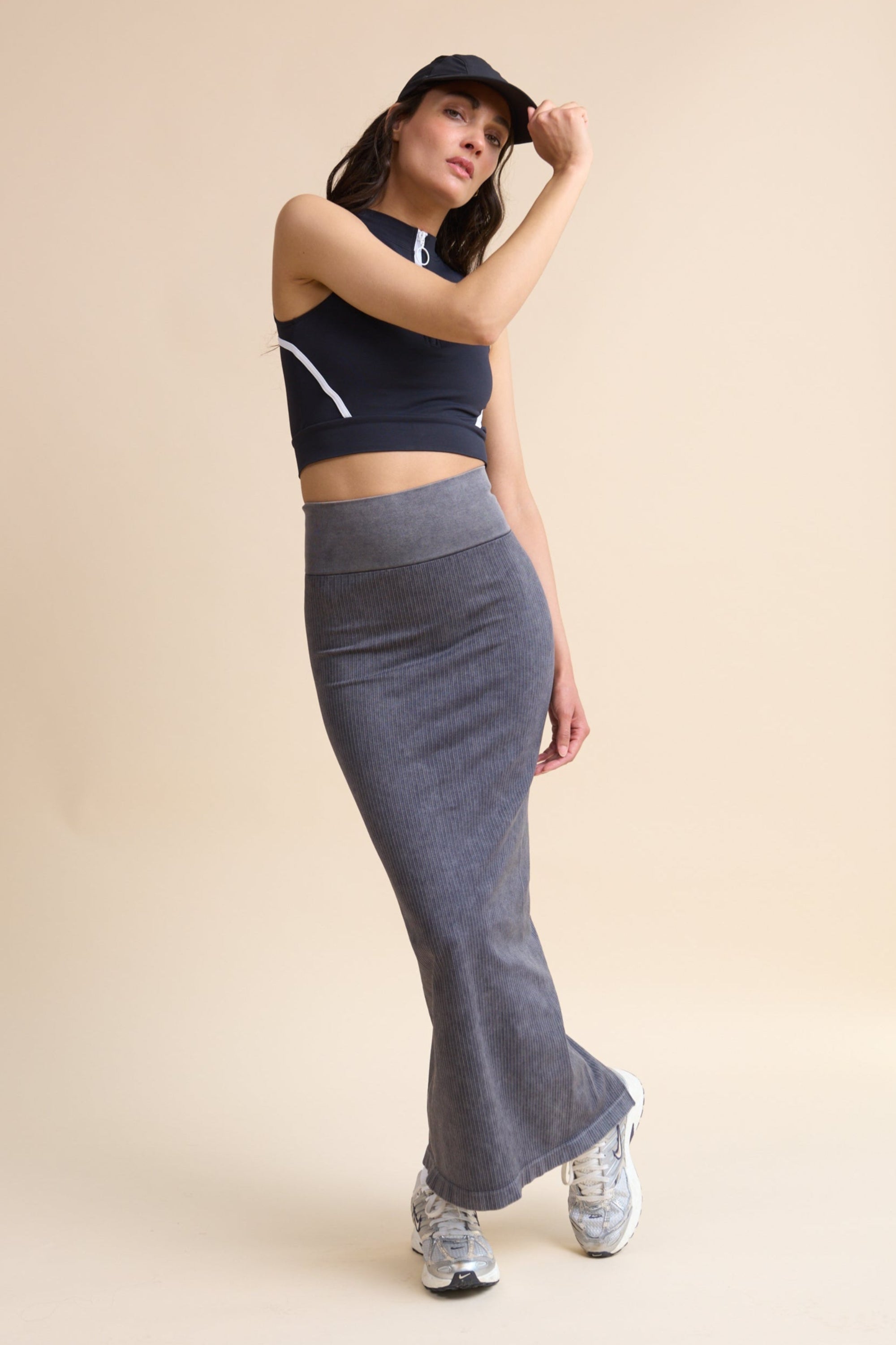 HRMN8 women's activewear grey maxi ribbed skirt with white top 