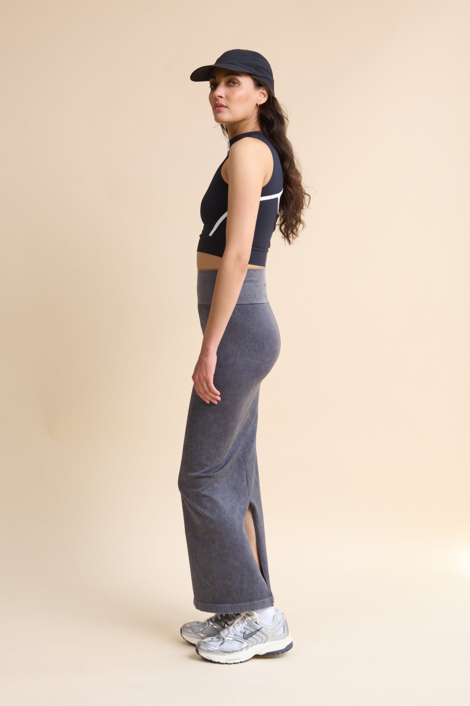 HRMN8 women's activewear grey maxi ribbed skirt with white top 